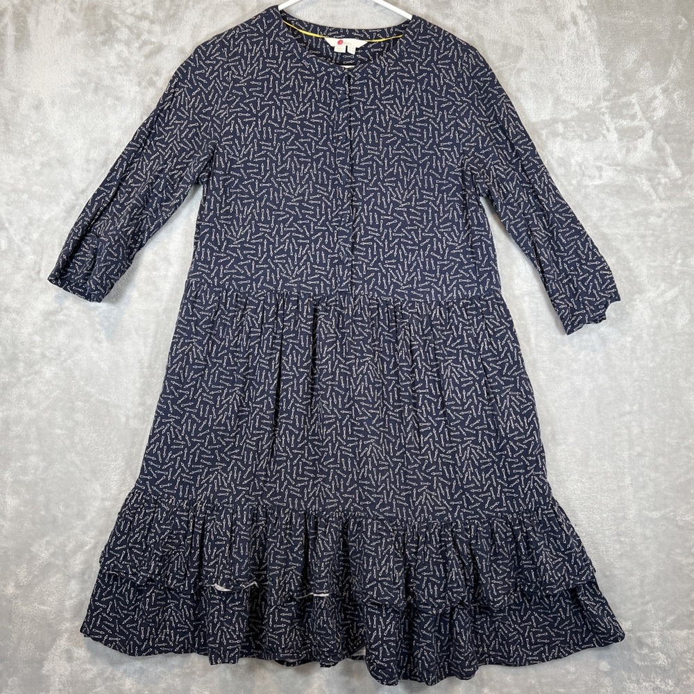 Boden Tiered Midi Dress Women 6R Navy Blue Arrow Print 3/4 Sleeve Pockets Ruffle